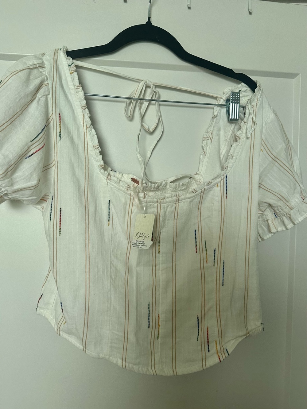 Free People Cream Peasant Top with Multi-Color Stripe Embroidery